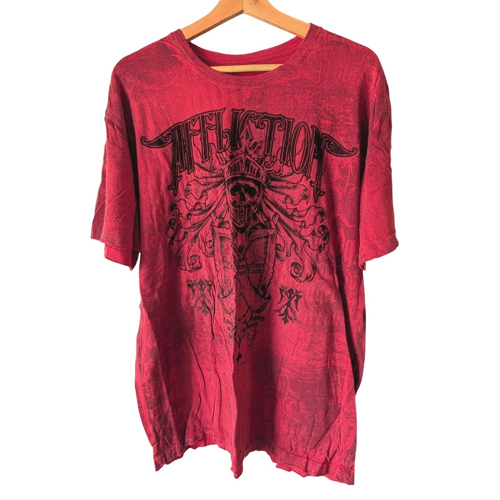 Affliction T-Shirt Mens 2XL Red Velvet Graphic Skull Distressed Made in USA Y2K